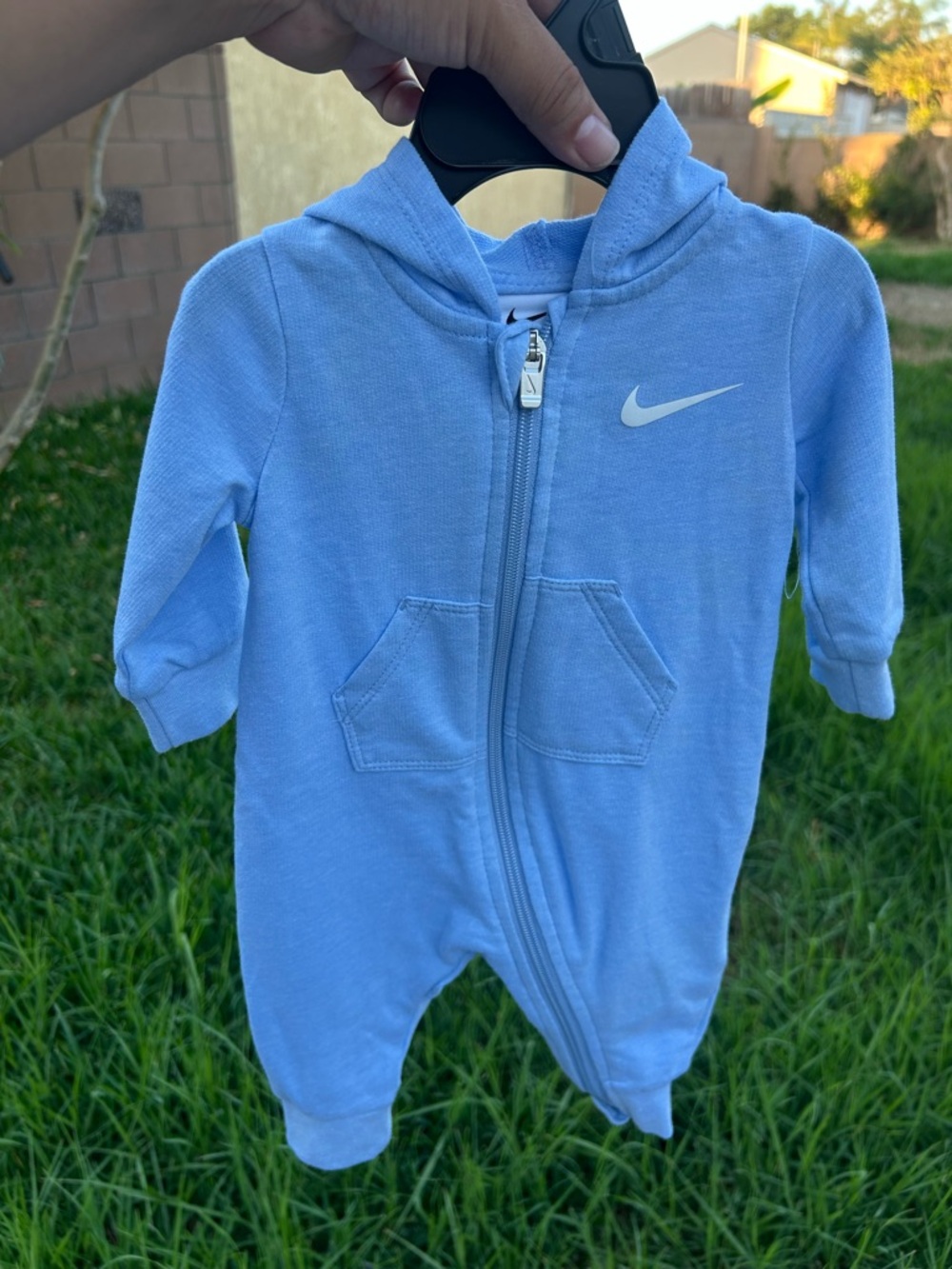 Nike Light Blue Hooded Baby Romper with Swoosh